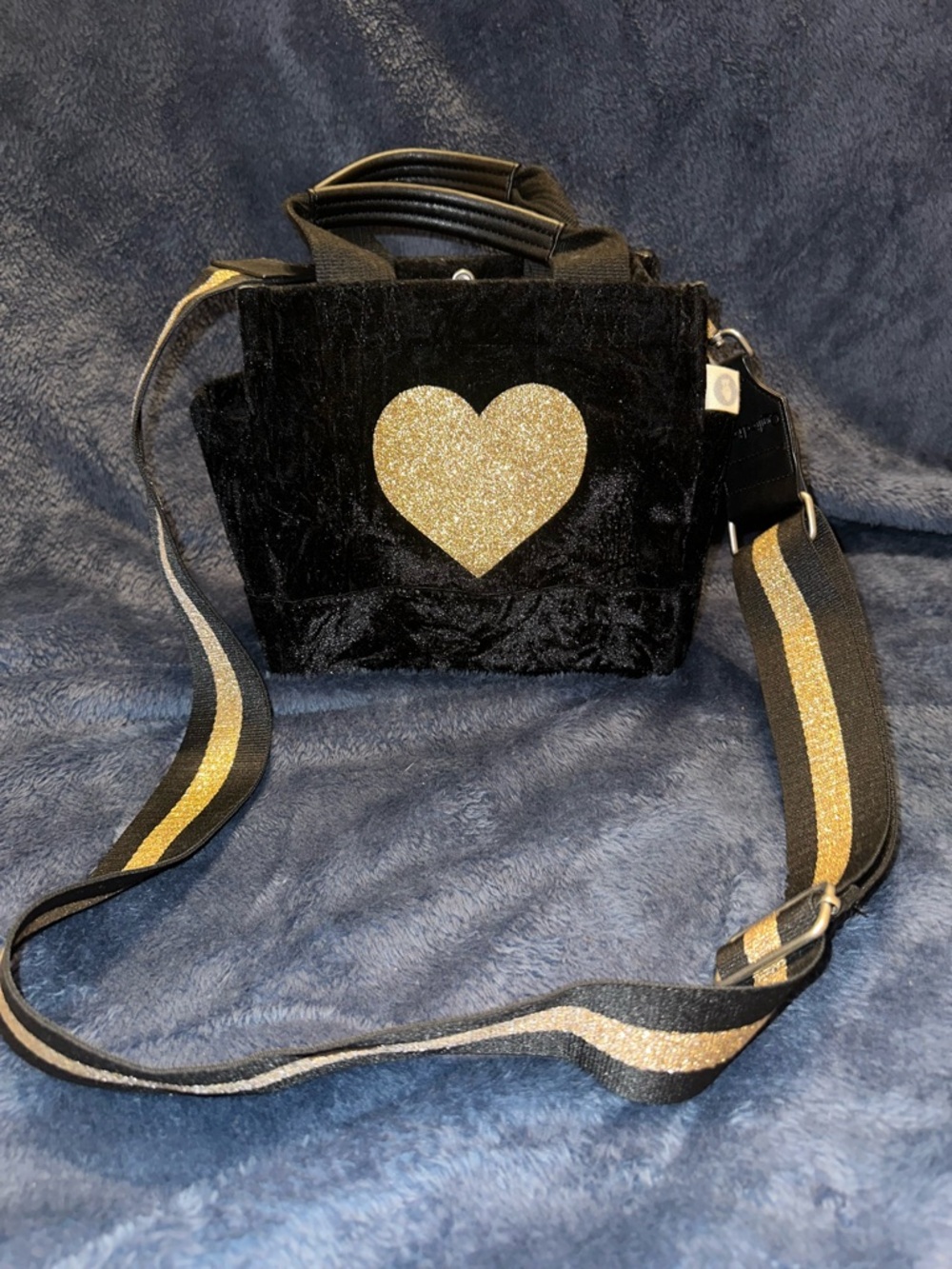 Black Velvet Crossbody Bag with Gold Glitter Heart